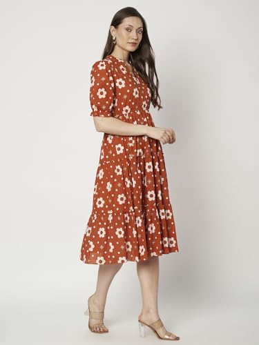 Image of Women's Floral Summer Maxi Dress I Cotton Printed I One Piece Bodycon Midi Dress with V-Neck, Puffed Sleeves