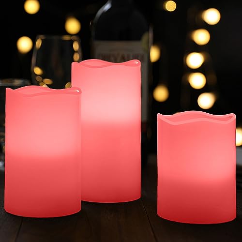Image of JUNPEI Flameless Led Battery Operated Candles: Flickering Electric Candles 4 inch 5 inch 6 inch Set of 3 Real Wax 10-Key Remote Control with 2 /4 /6 /8-hours Timer Function,Cycling 24 Hours Timer, 300+ Hours (Pink)