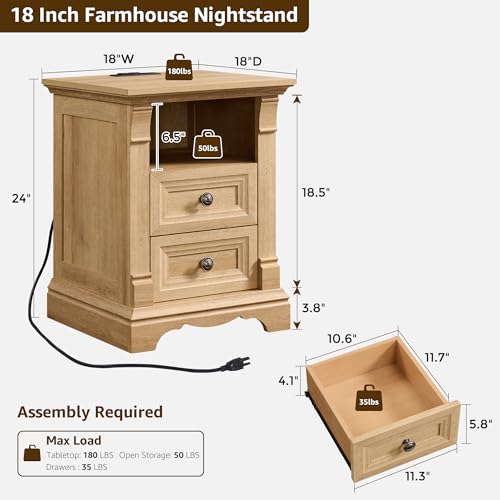 Image of Nightstand Set of 2, 18 inchSide Table with Charging Station, w /Roman Column