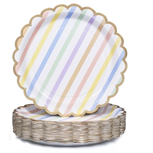Party Paper Plates 50-Pack 9-Inch Bulk Disposable Decorative Paper Plates with Gold Scalloped Trim Pastel Colors for Tea Party Easter Garden Party and Bridal Showers Pastel Rainbow Stripes