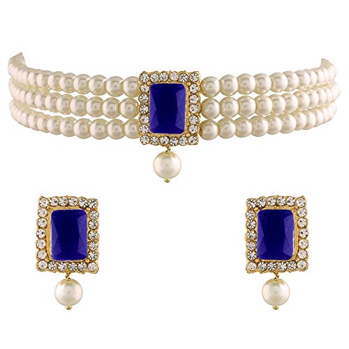 Aheli Ethnic Choker Necklace Earrings Wedding Bollywood Party Jewelry Set for Women Blue