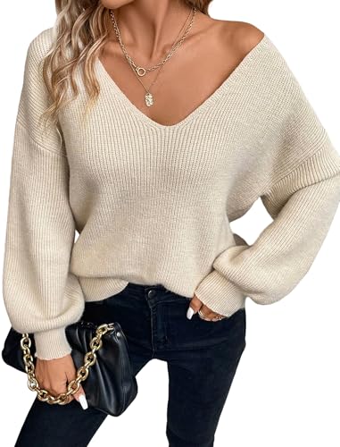 Image of ZAFUL Women's Cropped Sweater V-Neck Long Sleeve Pullover Jumper Knit Top | Crop Length, Ribbed Knit, Double V design, White sweater, Raglan sleeves, lantern sleeve, Fall & Winter, Loose fit, Oversized