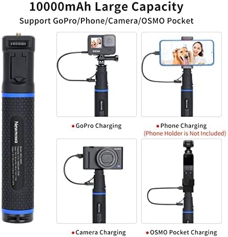 Diagram showing 10000mAh large capacity and charging various devices like GoPro, phone, camera, and OSMO Pocket