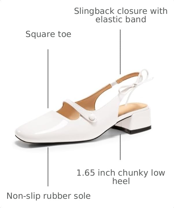 Image of Coutgo Womens Mary Jane Shoes Slingback Chunky Low Heels Bow Closed Square Toe Pumps Wedding Party Dress Shoes
