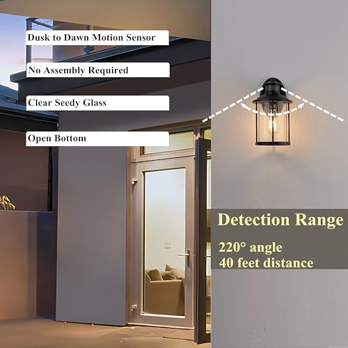 Image of MICSIU 2-Pack Black Motion Sensor Outdoor Wall Light No Assembly Required | 11.5 inch Dusk to Dawn Security Exterior Fixture, Seeded Glass Rustic Cabin Porch Light Sconce for Garage, Deck