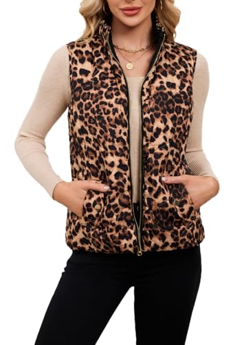 LifeShe Women Leopard Quilted Vest Stand Collar Zip Up