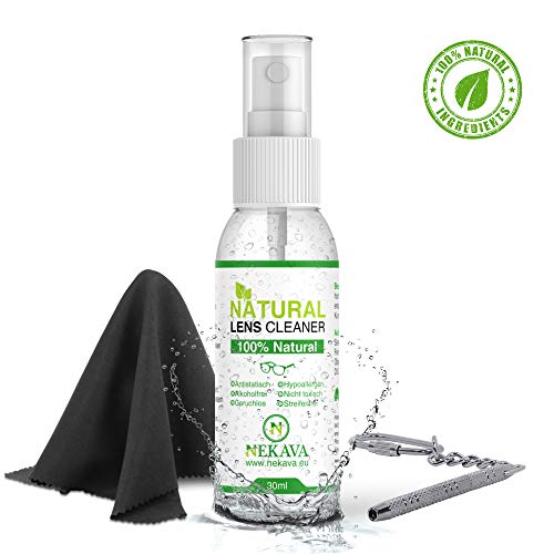 Nekava Premium Brillenspray | Natürlicher Brillenreiniger ohne Alkohol. Brille putzen geht einfach und schnell mit dem Brillenputztuch und den 3in1 Schlüsselanhänger mit Mini Schraubendreher.