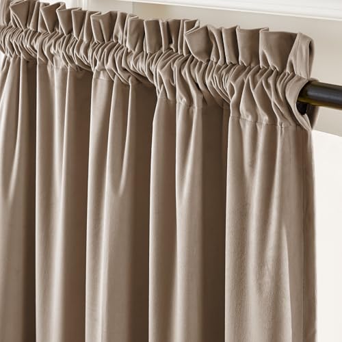Image of Extra Long Light Taupe Curtains Rod Pocket 52x108 Inch 2 Panels | Soft Velvet, For Tall Windows & High Ceilings, Light Shifting Texture, Elegant Luxury Drape, Rich, Rod Pocket