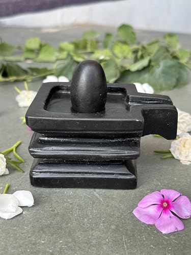 Image of Shivam VASTU AKAL 1.5 inch Original Narmadeshwar Narmada Shivling with 3 inch Narmada Stone Yoni Base Jaladhari (Black Shivling, Black Square Jaladhari)