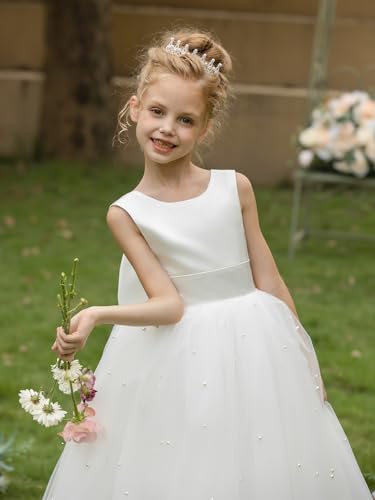 Pearl Beads Flower Girls Dress Sleeveless Puffy Tulle Princess Pageant Dresses First Communion Gown with Bow2