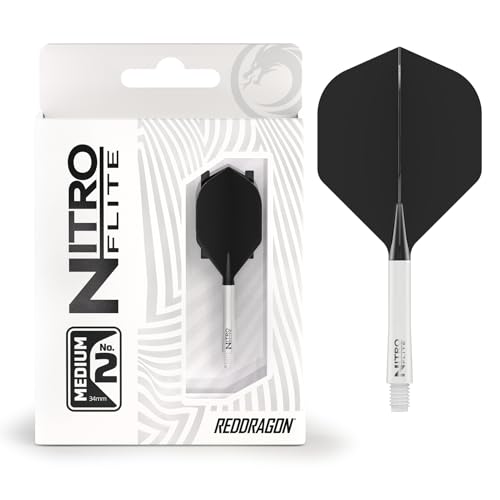 RED DRAGON Darts – Nitro Flite Integrated Flight & Shaft System – No.2 Shape and Design – White & Black Colour, Medium Length