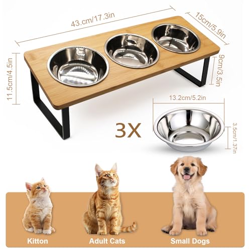 Katzennapf Erhöht mit 3 Futternapf Edelstahl Futterstation napfset katzenfressnapf katzenfutternapf Fressnapf und Wassernapf für Katzen und kleine Hunde (15°gekippte Futterstation)