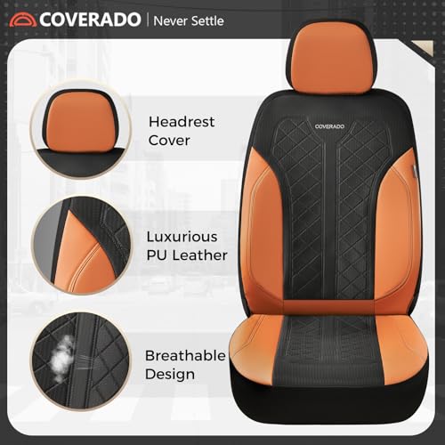 Image of Coverado Seat Covers Full Set, Brown Car Seat Covers, PU Leather & Breathable Mesh Seat Protectors, 5-Piece Automotive Seat Covers, Universal Fit for SUVs, Trucks, Sedans