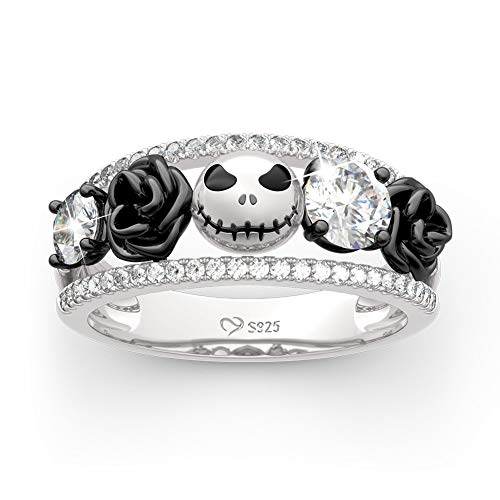 Jeulia 1.76 ct Skull Wedding Band 925 Sterling Silver Diamond Eternity Rings Rose Flower Engagement Rings Anniversary Promise Romantic Jewelry Gift