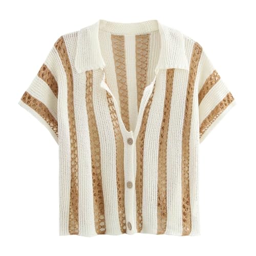 Image of Womens Striped Crochet Sweater Summer Short Sleeve V-Neck Button Knit Tops Y2k Hollow Out Crop Blouse Cardigan