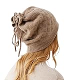 Damen 2-in-1 Kaschmir Beanie Mütze/ Schlauchschal mit Verstellbarer Kordelzug, Herbst Winter Weiche Zopfmuster Strickmütze, 100% Kaschmir Warme Loop Schal, Geschenke für Mutter Frau Tochter Curry