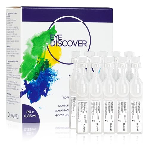 EYE DISCOVER, Gotas Ojos Secos Monodosis con Doble Humectación, Lágrimas Artificiales con Ácido Hialurónico e Hidroxietilcelulosa, Hidratantes, sin Conservantes, 20 Viales Monodosis de 0,35 ml
