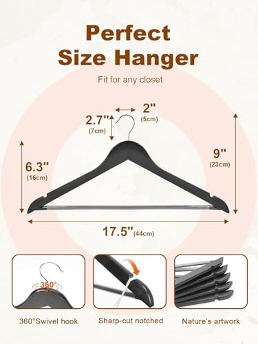 Image of GINOYA BROTHERS Walnut Wooden Suit Hangers 24 Pack with Non Slip Pants Bar - Smooth Finish Solid Wood Coat Hanger for Camisole, Jacket, Pant, Dress Clothes Hangers (Black: 10)