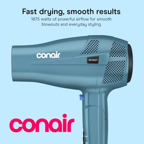 Conair Travel Hair Dryer, Dual Voltage, Folding Handle, 1875W, Blue | Travel blow dryer for at home and on the go, 1.75-lb. design with dual-voltage compatibility and a retractable 5-foot cord - image 2