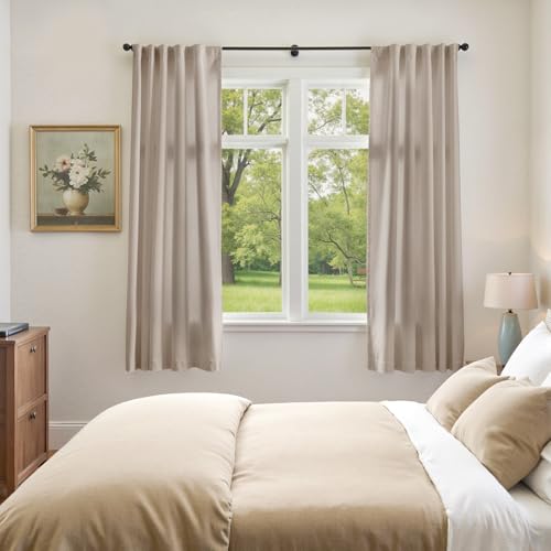 Image of Oatmeal Velvet Curtains Cream Rod Pocket 52x72 Inch 2 Panels | Soft Velvet, Room Darkening, For Small Windows, Kitchens & Bathrooms, Light Shifting Texture, Elegant Drape, Warm