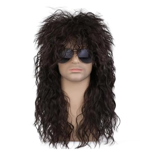 JIEFULL 70s 80s Rocker Wigs for Men and Women, Rockstar Wig Long Curly Mullet Wigs for Halloween Rock Star Punk Cosplay Costume Party Accessory(Brown)