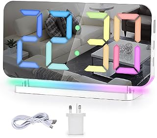 SZELAM Digital Alarm Clock,RGB Alarm Clock Bedside,7.4"LED Mirror Clock with USB Charging Port,10 Modes RGB Night Light,11 Colors LED Display,Auto Dimming,5 Levels Volume Desk Clock for Bedroom Decor