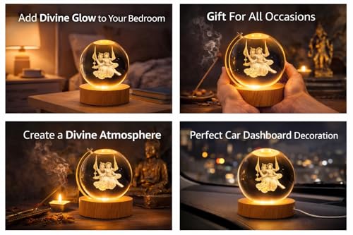 Image of 3D Radha Krishna Crystal Ball Night Lamp with Wooden Base, LED USB Decorative Light (Radha Krishan jula)