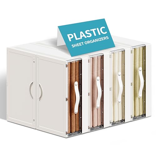 MSHOMELY Plastic Bed Sheet Organizers and Storage 4 Pack Sheet Set Storage Organizer, Foldable Linen Closet Organizer with Window, Lockable Storage Bins for for Bedding Sheets, Duvet Covers, Blankets