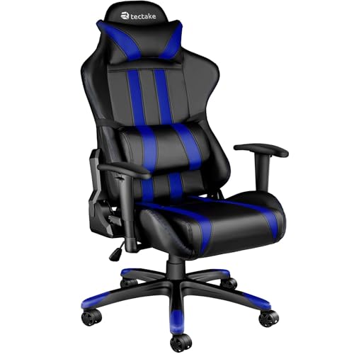 TecTake® Silla Gamer, Silla Gaming de Escritorio, Silla de Oficina Ajustable, Sillon Gaming con Respaldo Reclinable, Silla Ergonómica con Reposabrazos y Cojín Lumbar, Piel Sintética - Negro/Azul