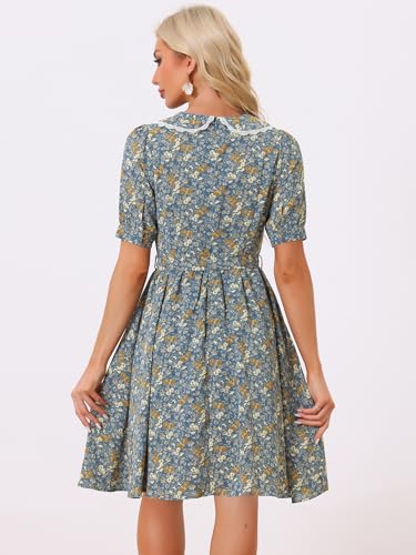 Image of Allegra K Women's Vintage Peter Pan Collar High Waist Flowy Midi Puff Sleeve Floral Dress