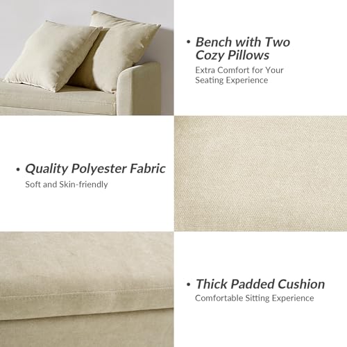 HULALA HOME 59.4" Storage Bench with Throw Pillows, Modern Long Bedroom Bench for End of Bed, Comfy Upholstered Footstool for Entryway Living Room, Beige - Thumbnail 4