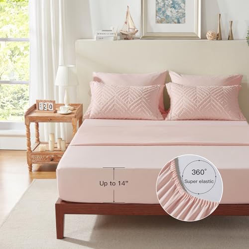 Image of Zzlpp King Comforter Set 7 Pieces, Pink Tufted Bed in a Bag with Comforter and Sheets, All Season Boho Bedding Sets with 1 Comforter, 2 Pillow Shams, 2 Pillowcases, 1 Flat Sheet, 1 Fitted Sheet