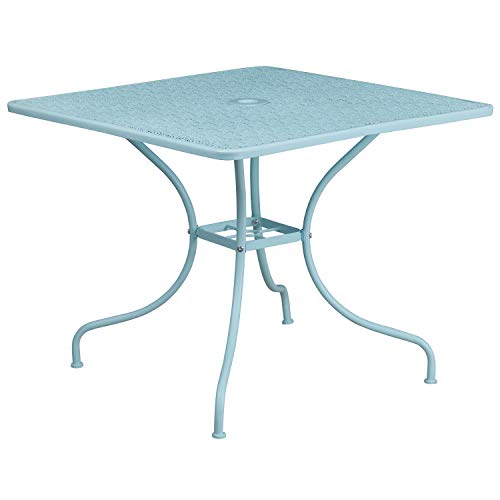 Flash Furniture Oia Commercial Grade 35.5" Square Sky Blue Indoor-Outdoor Steel Patio Table Set With 4 Round Back Chairs #TOP2