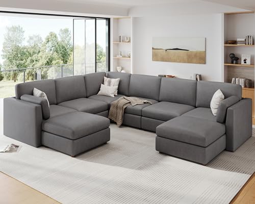 Kalafini Faux Leather Modular Sectional Sofa, Oversized Sectional Couches for Living Room, Extra Large 8 Seater U Shaped Couch, Comfy Luxury Deep Seat Couch, Grey