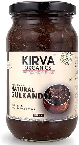 Kirva Organics Natural Gulkand 500g | Sun-Cooked Damask Rose Petals & Rock Sugar | Infused with Kesar & Elaichi | Ayurvedic Digestive & Natural Body Coolant | No Artificial Flavors
