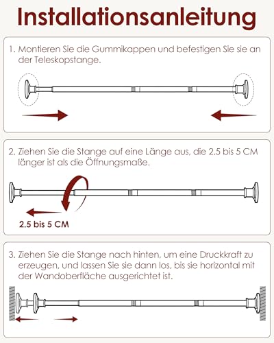 Duschstange zum Klemmen, rostfreier Edelstahl, 28mm, Länge 76-340cm. Duschvorhangstange ohne Bohren & Gardinenstange ohne Bohren – perfekt für Mieter, Bad, Fenster, Kleiderschrank (Schwarz)
