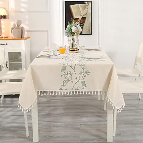 SUCHDECO Tablecloth Rectangular Cotton Linen Table Cloth Dust-Proof Washable Beige Table Cover with Tassel, Green Embroidered Leaves for Kitchen, Dining, Party (140x180 cm) Cover