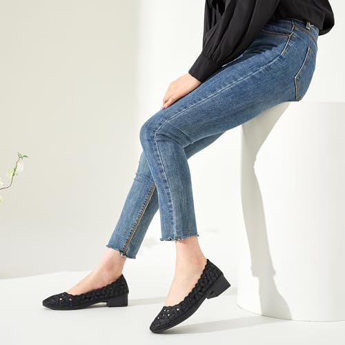 Image of HEAWISH Women's Women's Flats Shoes Ballet Flats for Women,Black Flats Floral Dress Shoes with Heel,Pu Leather Flats Shoes Women Dressy Comfortable Slip on Loafer