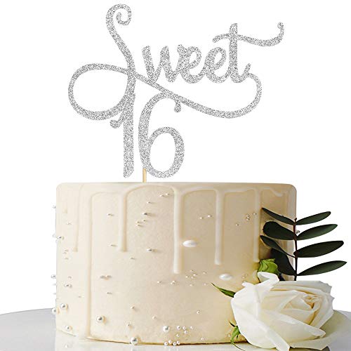 Sliver Glitter Sweet 16 Cake Topper -16th Birthday Cake Topper - Sweet Sixteen Themes Party Decoration Supplies