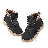 Kannior Boys Hiking Snow Boots Little Kid High Top Dress Shoes Toddler Lace Up Non-Slip Texture Sole Loafer Ankle Flats PU Leather Classic Casual Walking Work Boot(Toddler/Little Kid)