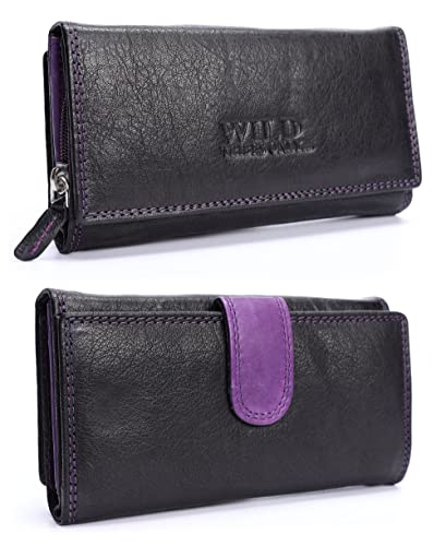 irisaa Monedero largo de piel para mujer, protección RFID, 21 compartimentos para tarjetas, cartera grande, diseño vintage desgastado, Blanda Negro Morado, Einheitsgröße Cover