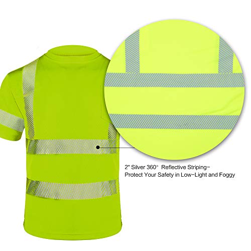 FONIRRA Hi Vis Safety T Shirt with Pocket for Men Work ANSI Class 2 Reflective Short Sleeve(Yellow,L)