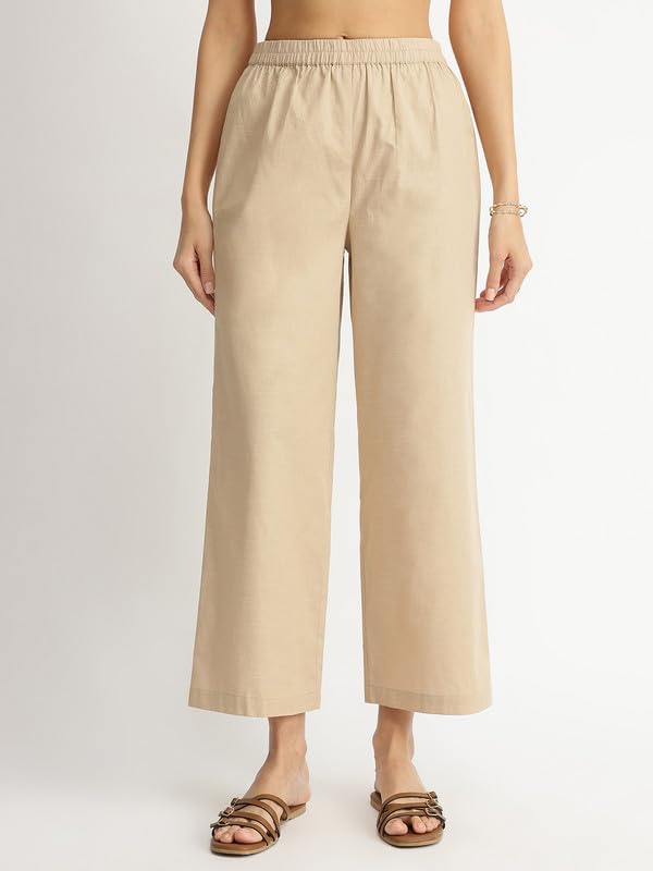 Image of Pink Fort Women Casual Linen Blend Colourblock A-Line Kurta Set | V-neck Sleeveless Kurta Ankle Length Flared Fit Pants for Easygoing Summer | Peach & Beige