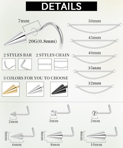 22Pcs 20G Surgical Steel Nose Ring Chain Nose Ring Stud for Women Men Double Nose Chain Piercing Across Nose Spike Ball CZ Nose Studs Nostril Piercing Jewelry3