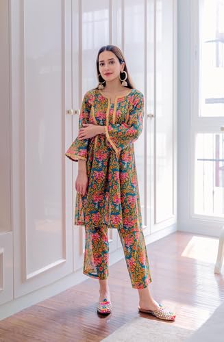 Image of LookMark Women's Cotton Blend Floral Printed Kurta Pant Set Suitable for Every Indian Occasion