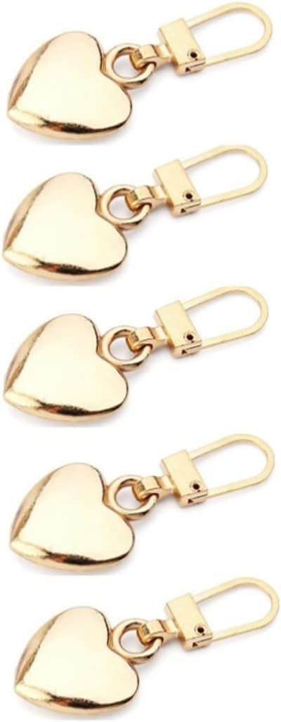 Zhhuoc Gold 5Pcs Heart Shaped Zipper Pull Replacement Metal Zipper Backpack Mend Fixer Repair For Coats Jackets Pants Luggage Craft Sewing Notions Supplies
