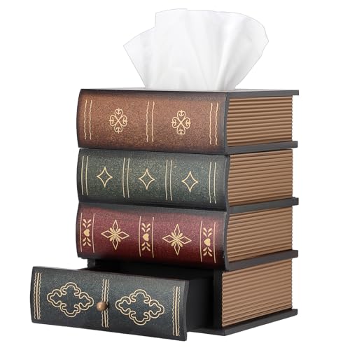 Hoowen Porta-lenços de papel para livros de madeira antigo com gaveta de armazenamento, capa quadrada para dispensador de lenços decorativo, retrô, vintage, decoração de biblioteca para mesa, banheiro