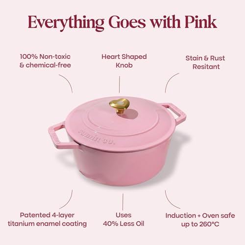 Image of CUMIN CO. Cast Iron Dutch Oven 2.5L, 20 cm | Induction Base Cookware | 10 Years Warranty | Non Toxic Non Stick Biryani Pot with Lid | Heavy Bottom | Chemical Free Coating | Free Accessories | Pink (Rose)