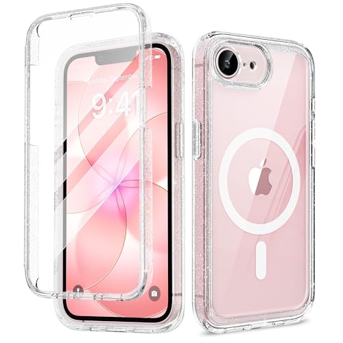 Image of Miracase for iPhone 17e Case & iPhone 16e Case, Full-Body Phone with Built-in Glass Screen Protector, [Magnetic with MagSafe] Military Drop Proof 17 E / 16 E Cover Bumper 6.1 inch, Clear Glitter