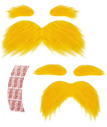 2 Set Yellow Mustache and Eyebrows with Spare Tape Large Size & Thickened Fur Yellow Fake Mustache Beard and Eyebrows for Adults Halloween Cosplay Costume Party Favors